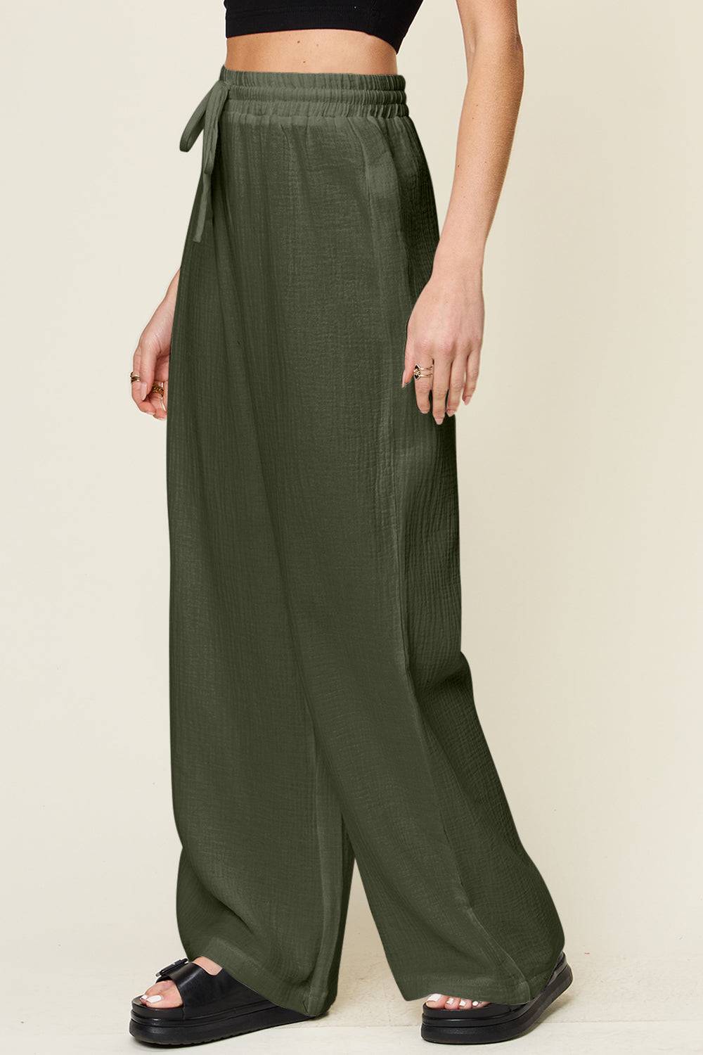 Double Take Full Size Texture Drawstring Wide Leg Pants - Clothes For Her Online Store