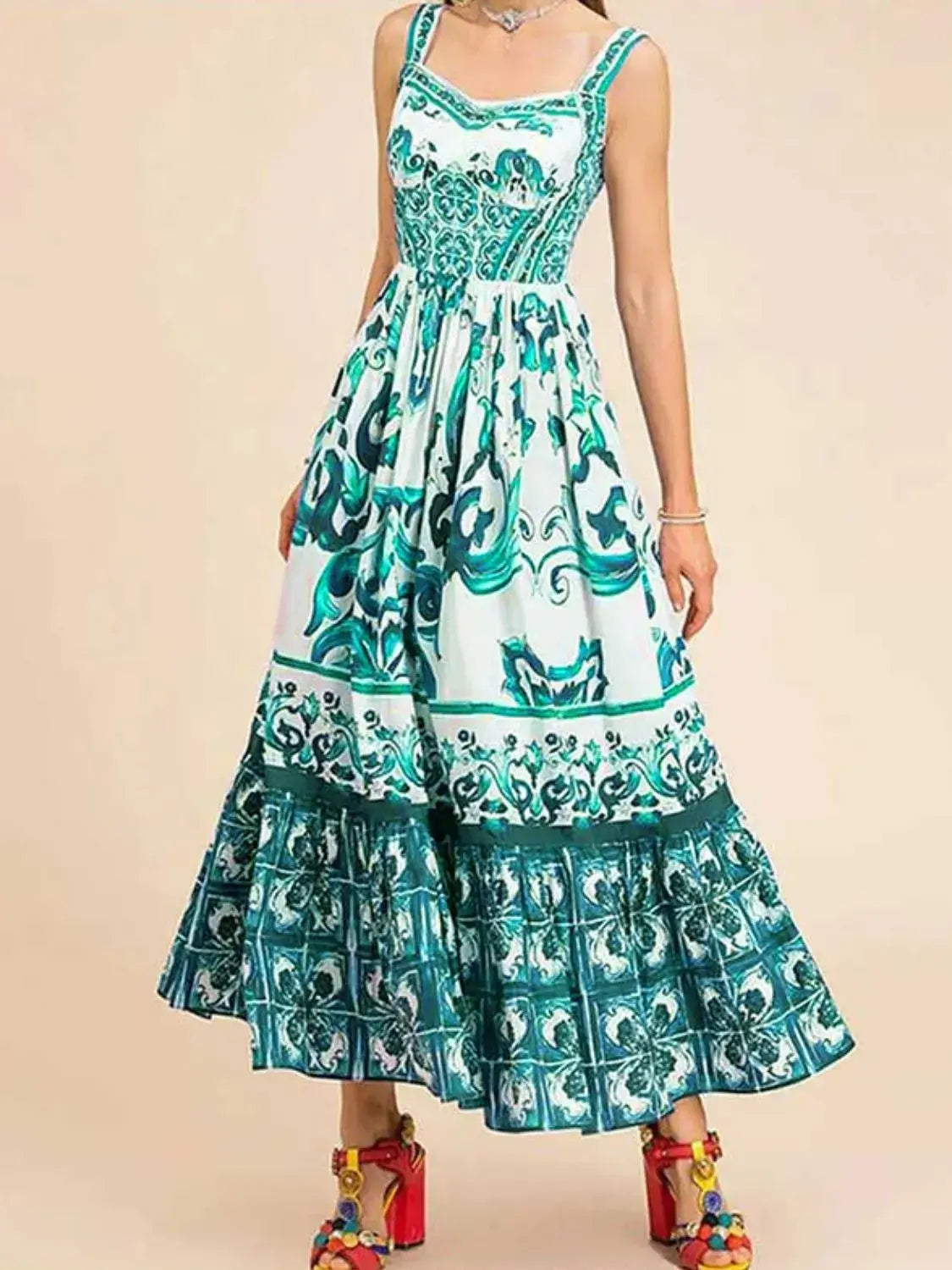 Smocked Printed Wide Strap Dress