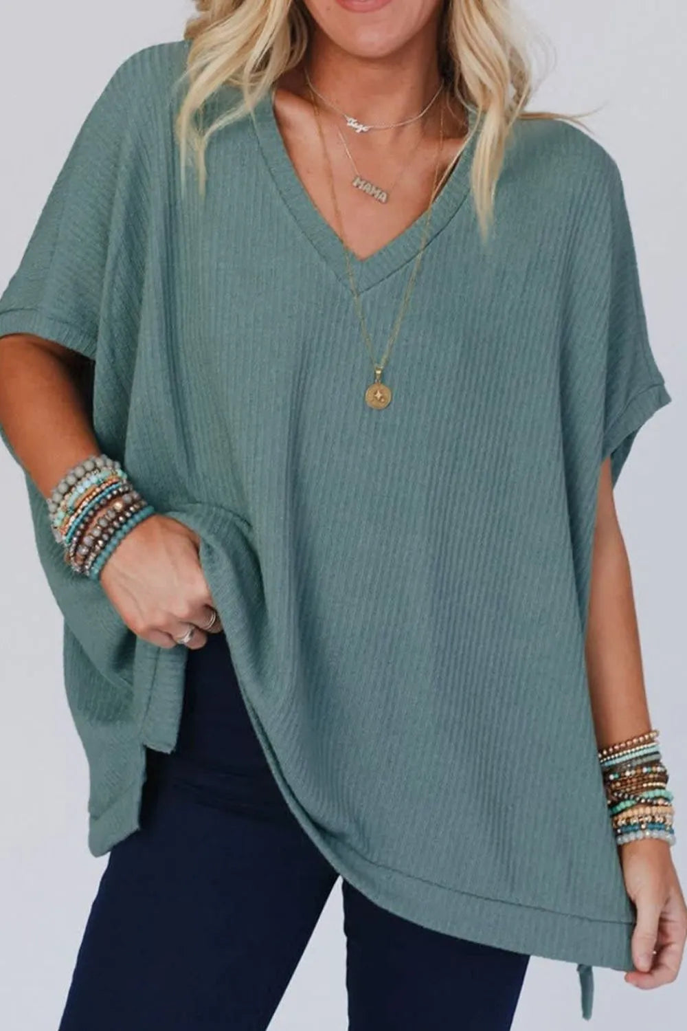 Oversized Ribbed Knit V Neck Dolman Short Sleeve Top