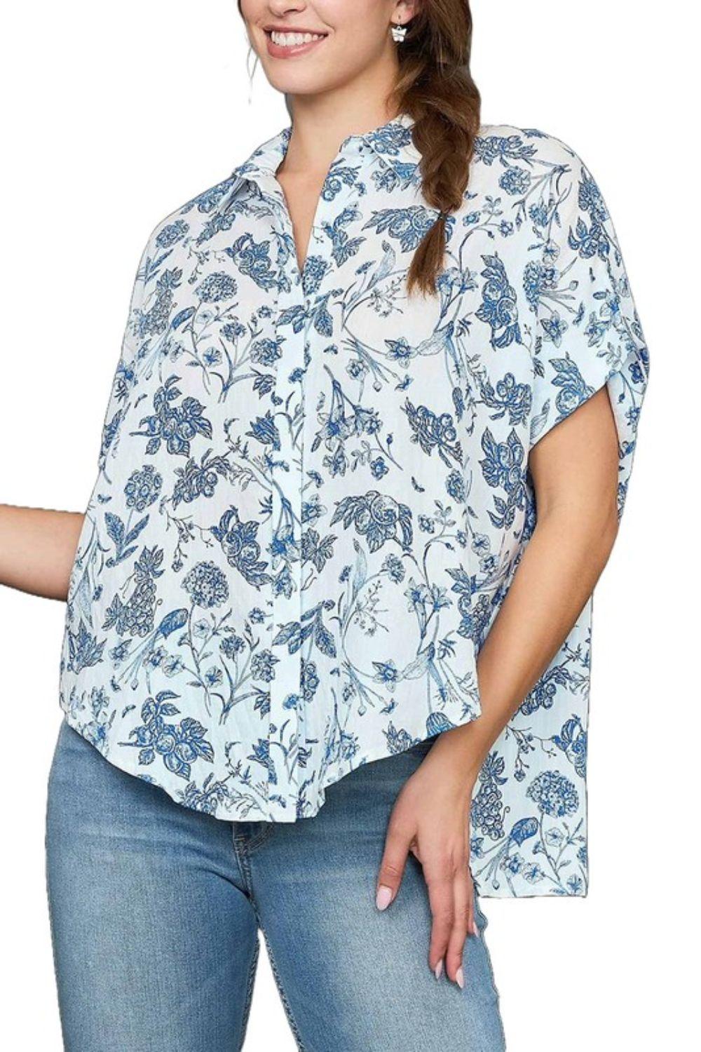 Umgee Full Size Two Tone Floral Print Top Plus Size - Clothes For Her Online Store