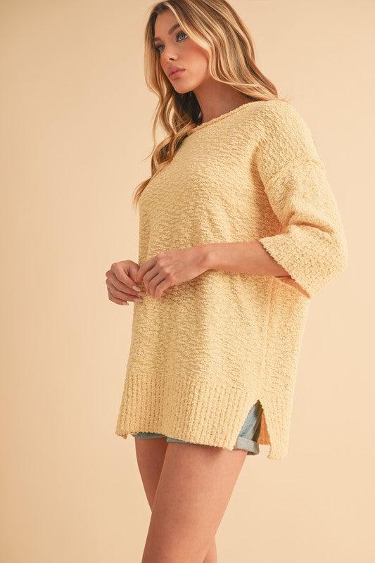 Aemi + Co Side Slit Ribbed Hem Round Neck Sweater - Clothes For Her Online Store