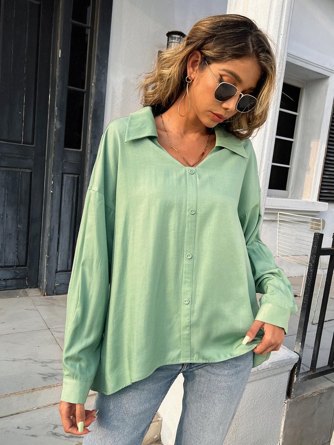 Button Down Collared Neck Long Sleeve Shirt - Clothes For Her Online Store