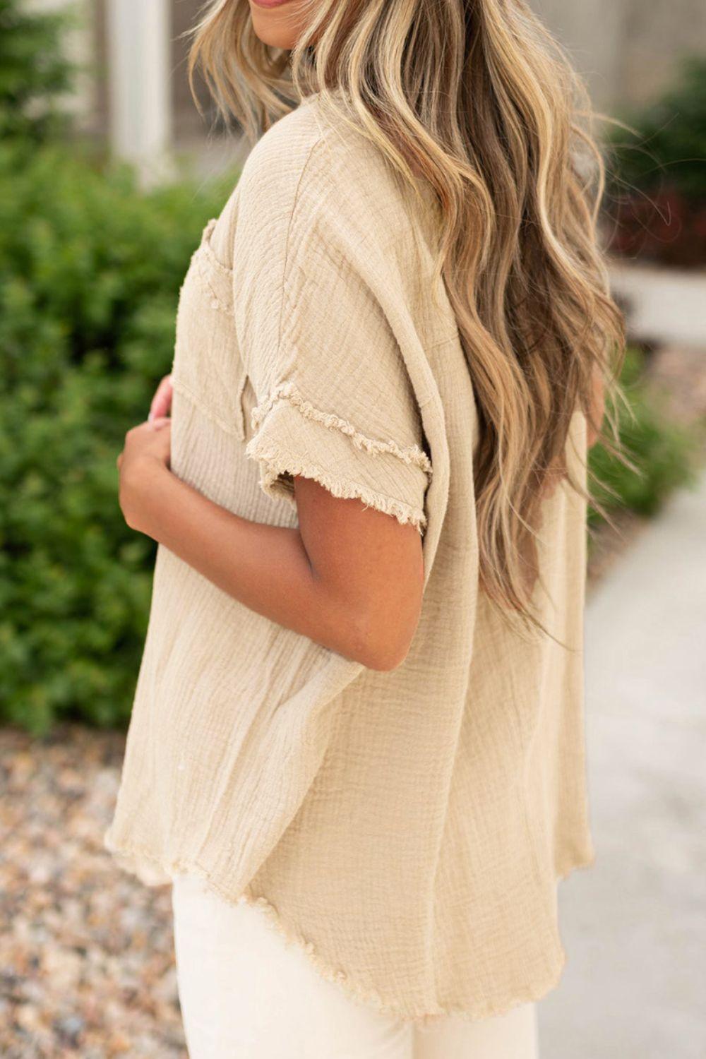 Textured Frayed Trim Half Button Short Sleeve Top - Clothes For Her Online Store