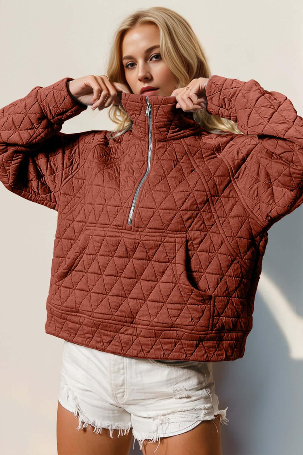 Double Take Half Zip Long Sleeve Quilted Sweatshirt with Pocket - Clothes For Her Online Store