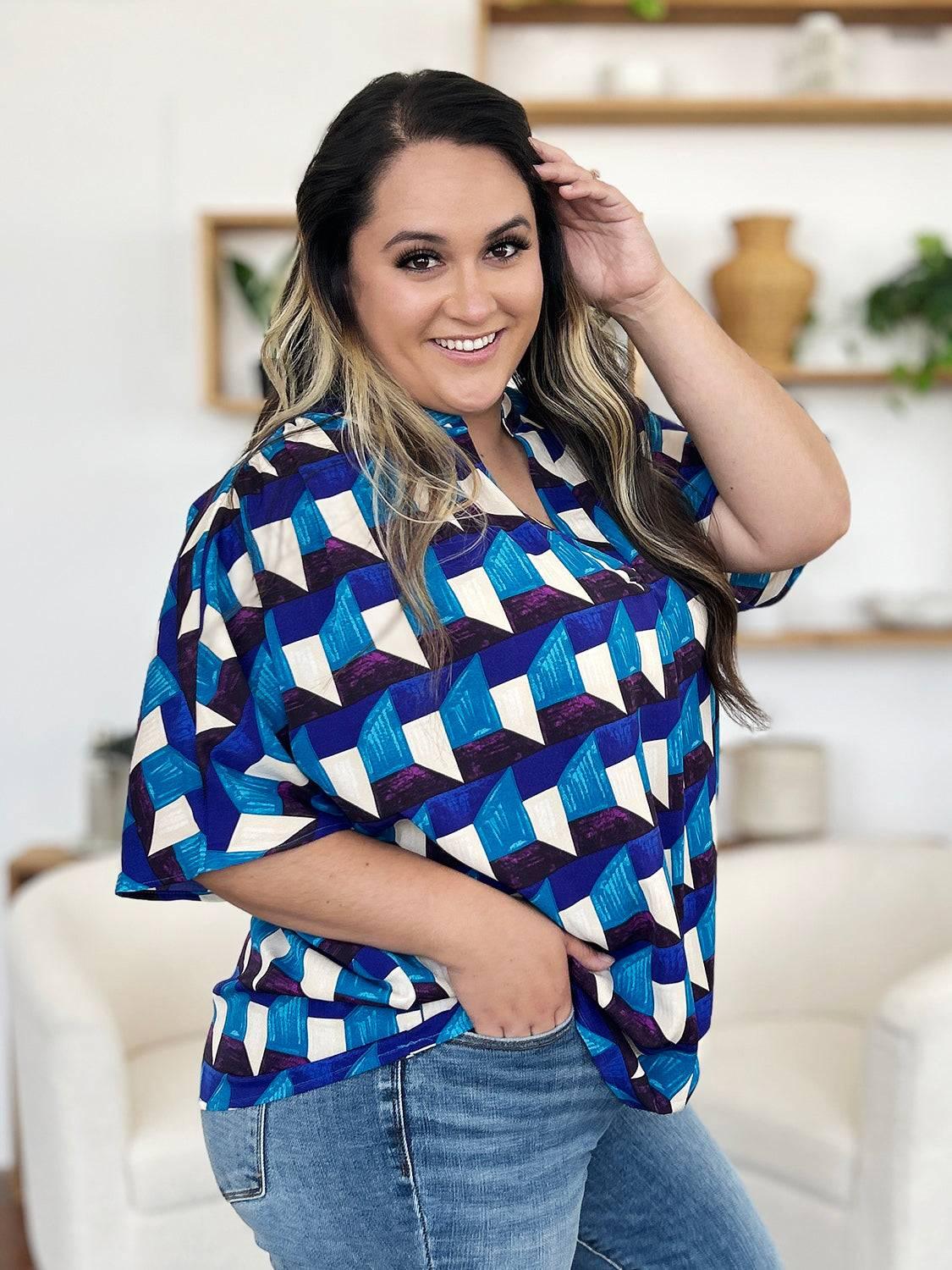 Double Take Full Size Geometric Notched Half Sleeve Blouse - Clothes For Her Online Store