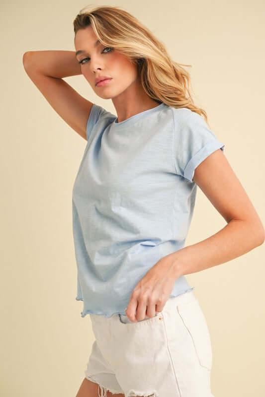 Aemi + Co Lettuce Edge Round Neck Short Sleeve T-Shirt - Clothes For Her Online Store