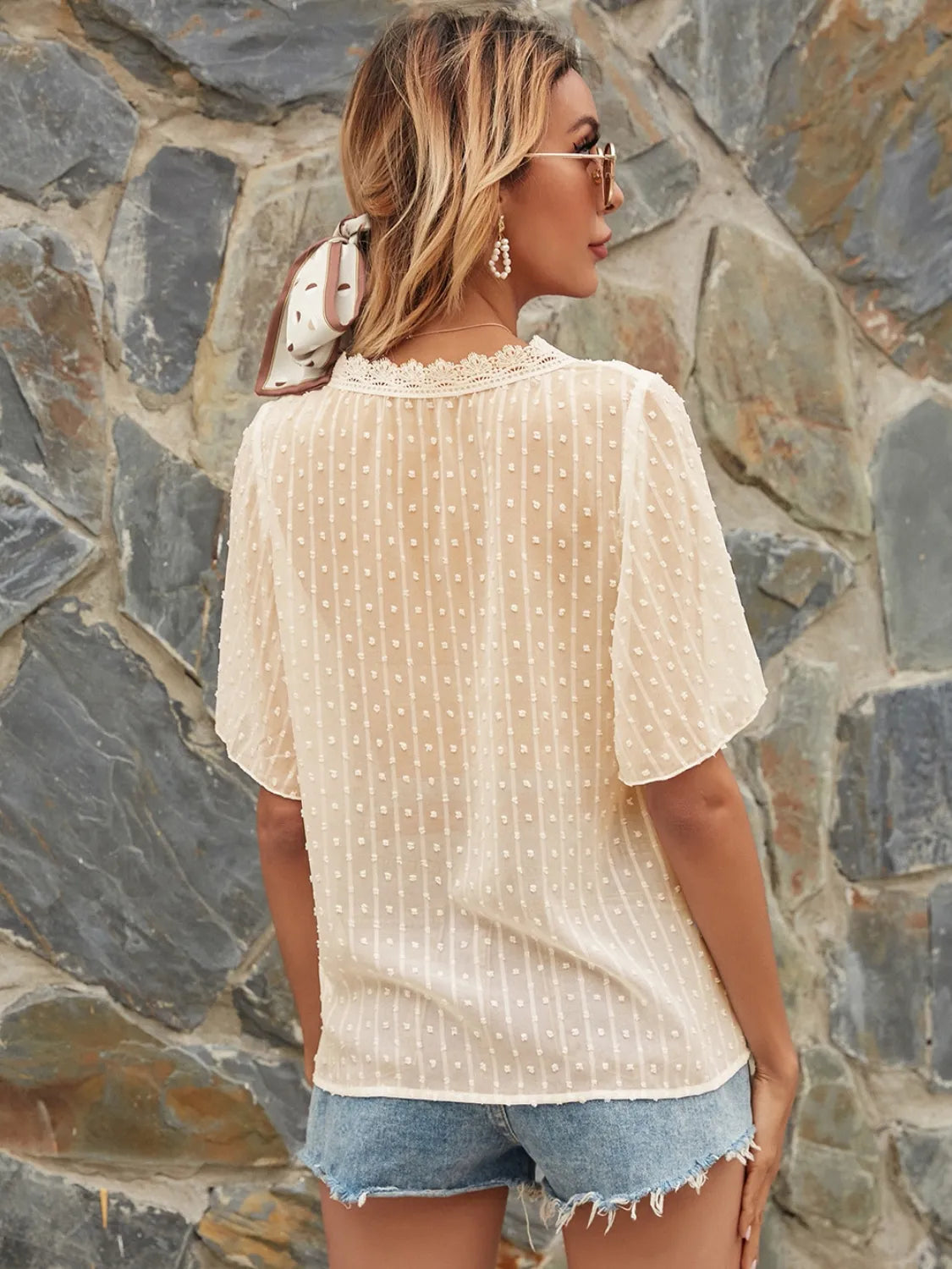 Lace Detail V-Neck Siwss Dot Blouse