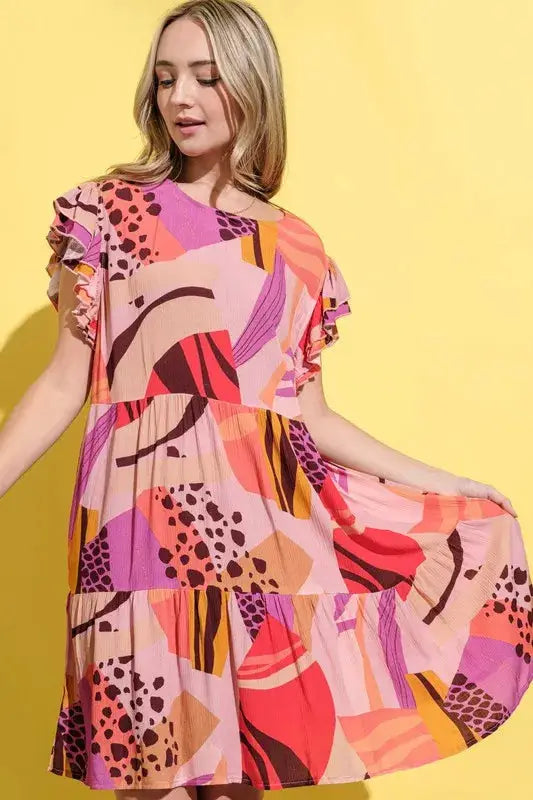And The Why Printed Double Ruffles Sleeve Dress - Clothes For Her Online Store