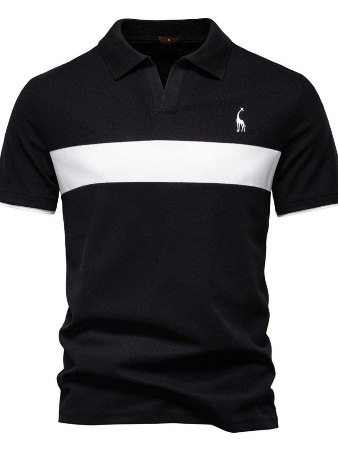 Men's Giraffe Embroidered Collared Neck Contrast Polo - Clothes For Her Online Store