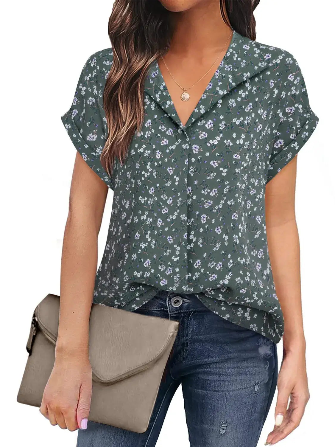 Collared Neck Short Sleeve Blouse