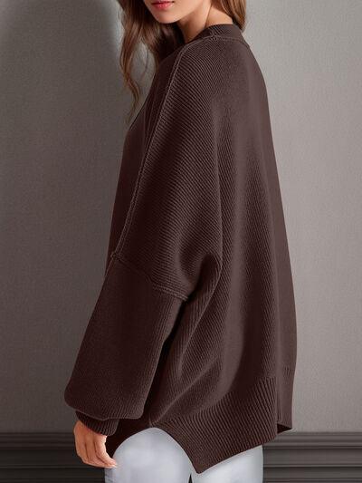 Double Take Side Slit Round Neck Long Sleeve Sweater - Clothes For Her Online Store