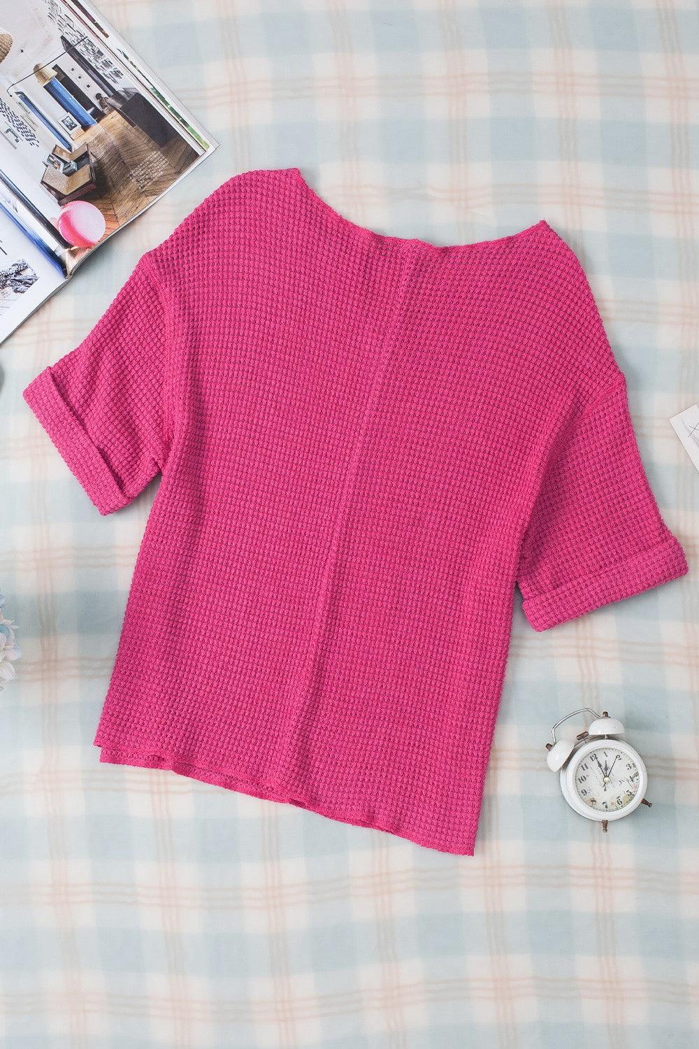 Textured Cuffed Short Sleeve Top - Clothes For Her Online Store