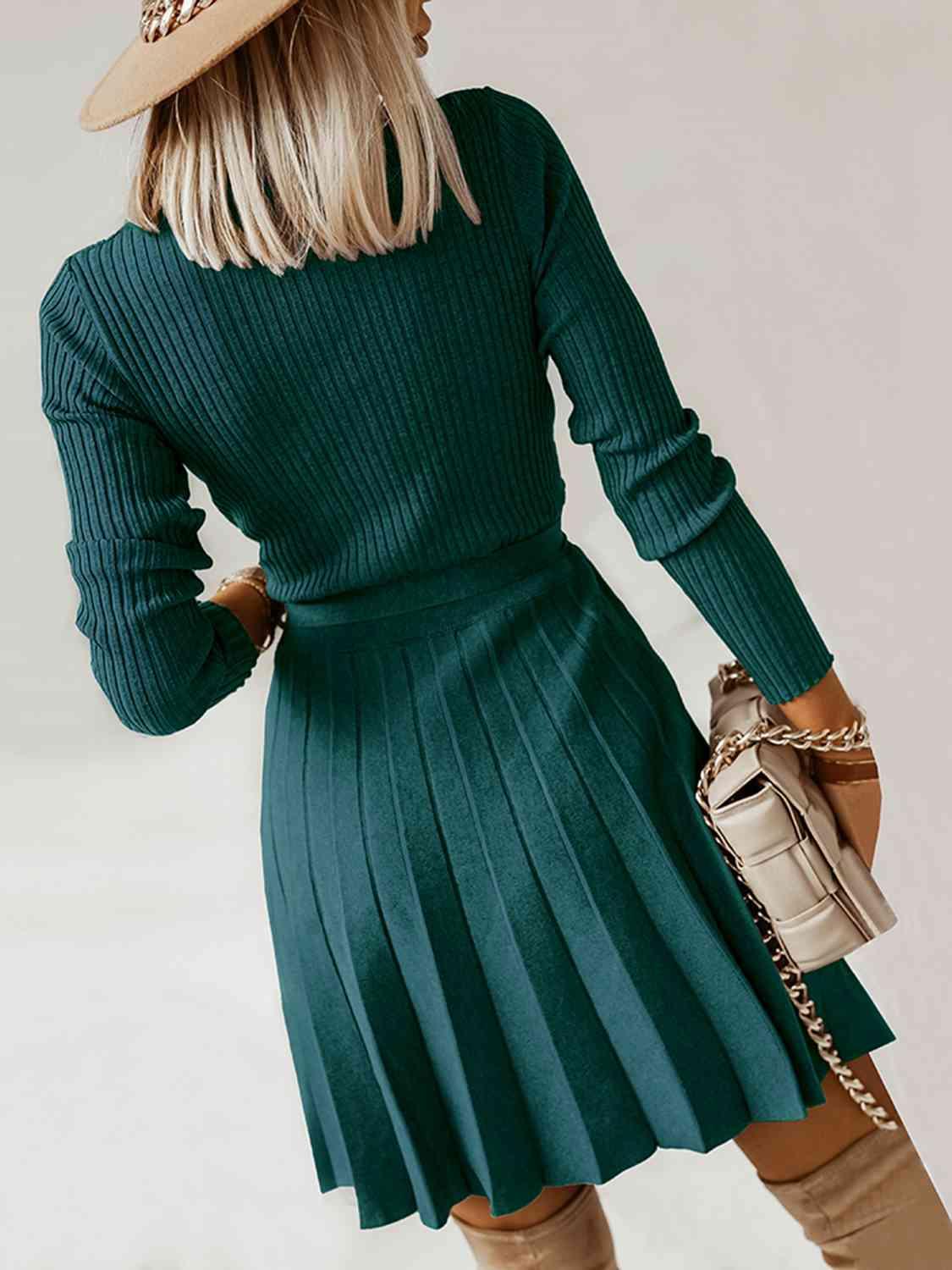 Surplice Neck Tie Front Pleated Sweater Dress - Clothes For Her Online Store