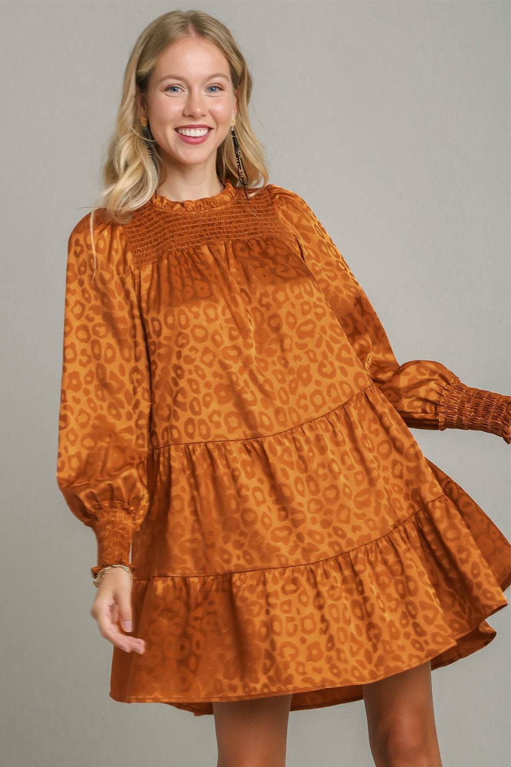 Umgee Smocked Leopard Long Sleeve Tiered Dress - Clothes For Her Online Store