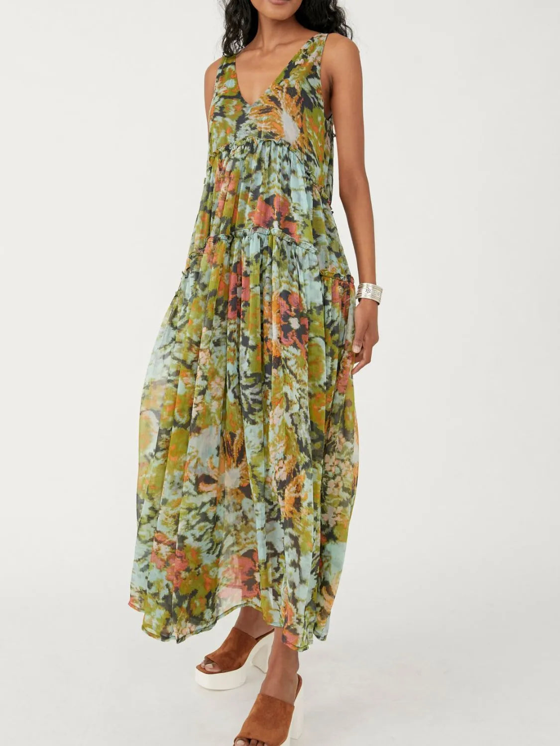 Printed V-Neck Sleeveless Dress