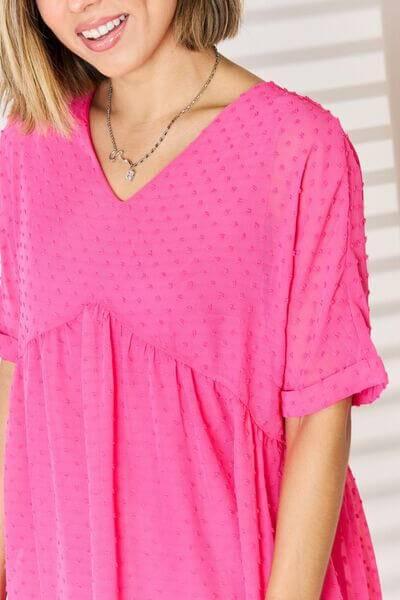 Zenana Swiss Dot Rolled Short Sleeve Babydoll Dress - Clothes For Her Online Store