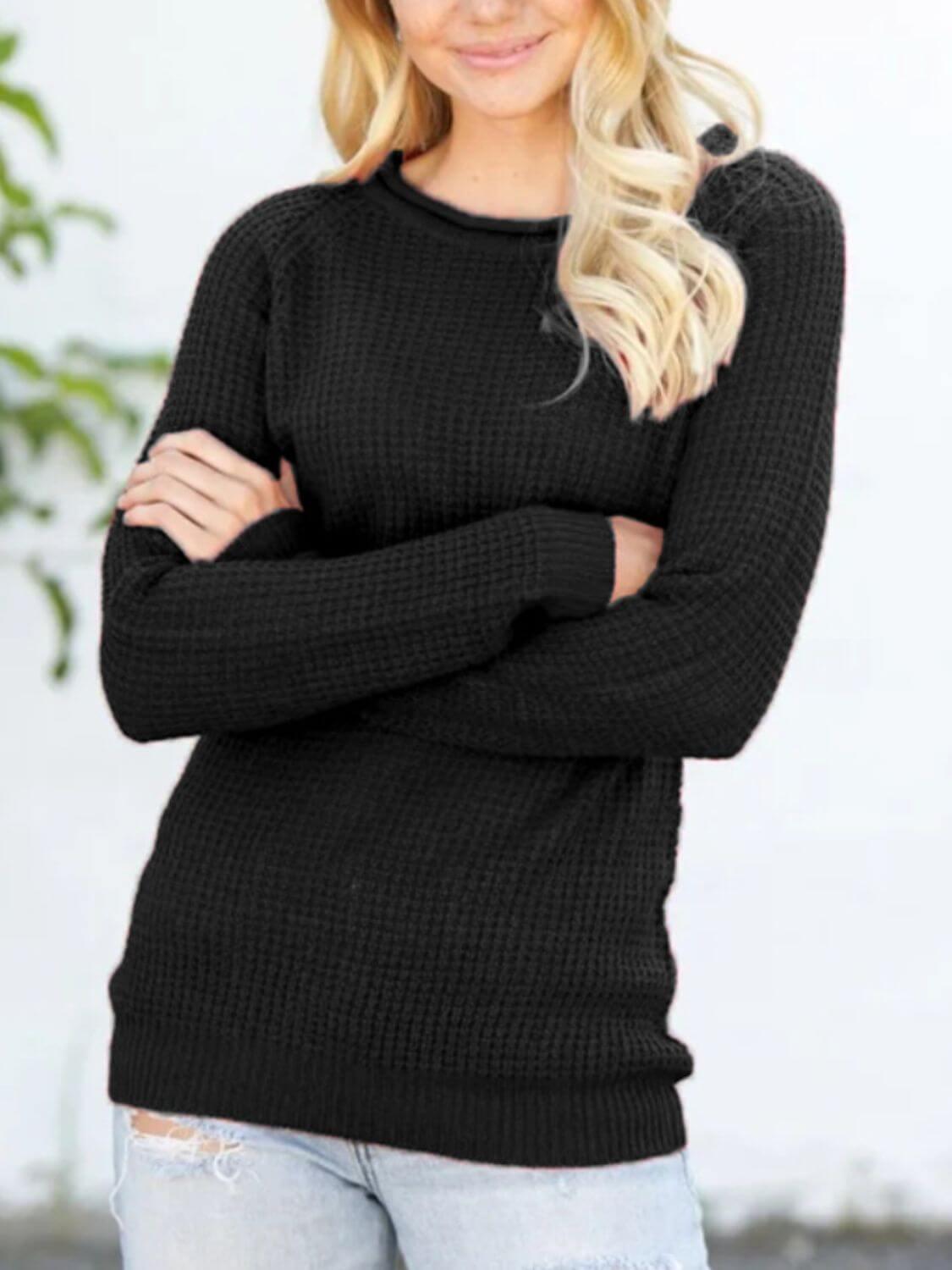 Round Neck Raglan Sleeve Sweater - Clothes For Her Online Store