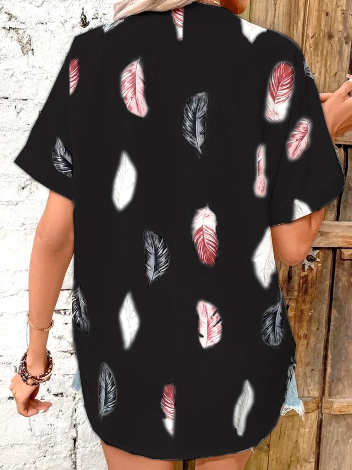 Full Size Printed Collared Neck Short Sleeve Blouse - Clothes For Her Online Store