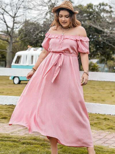 Plus Size Plaid Off-Shoulder Short Sleeve Midi Dress - Clothes For Her Online Store