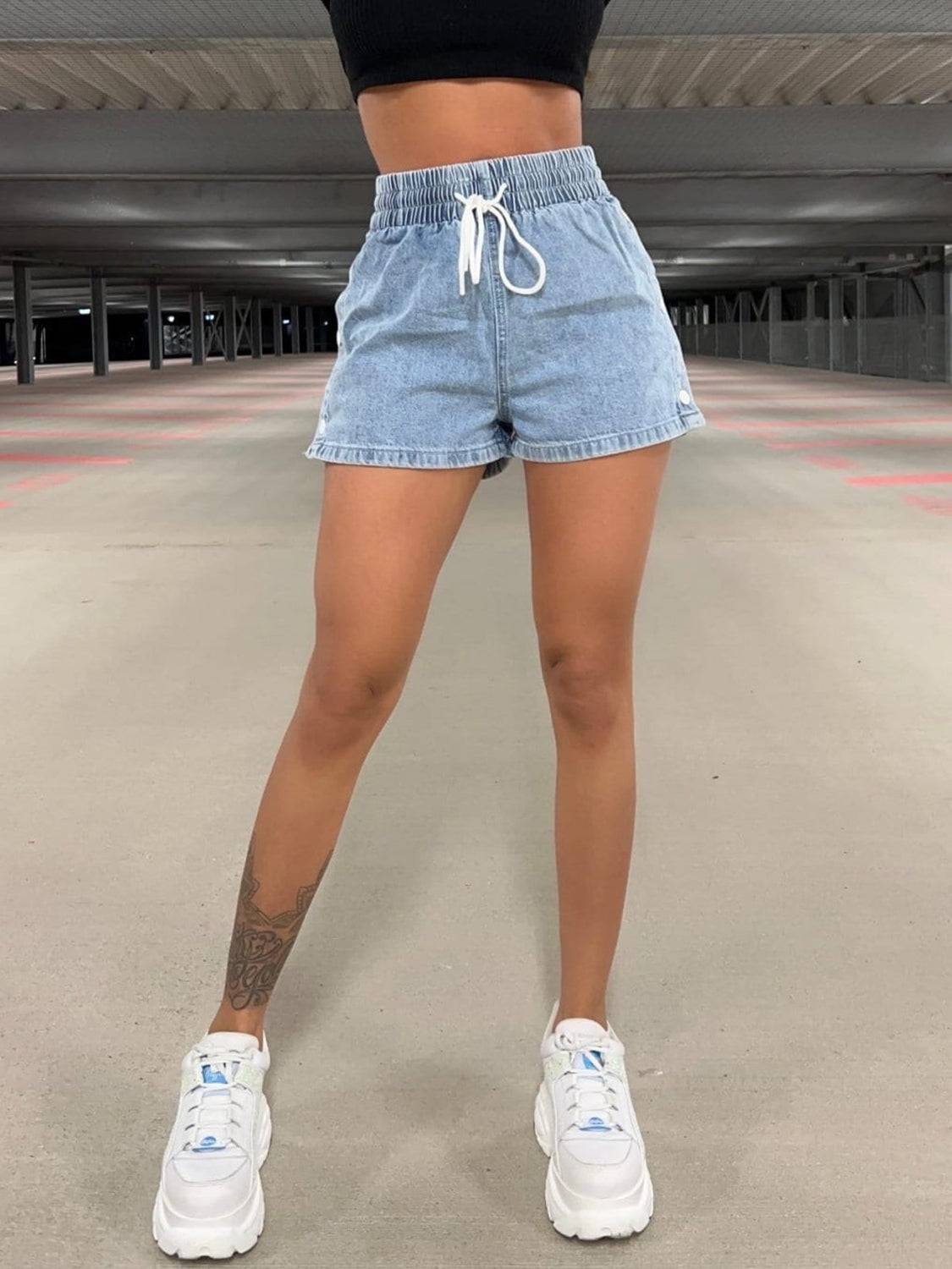 Drawstring High Waist Denim Shorts - Clothes For Her Online Store