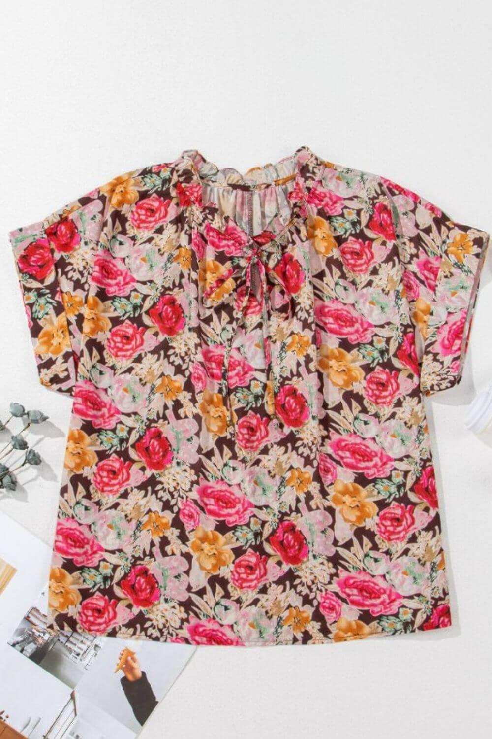 Floral Tie Neck Short Sleeve Blouse - Clothes For Her Online Store