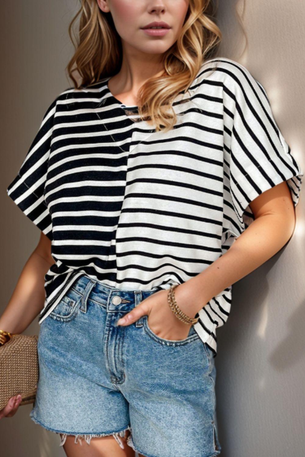 Stripe Two Tone Colorblock V-Neck T-Shirt - Clothes For Her Online Store