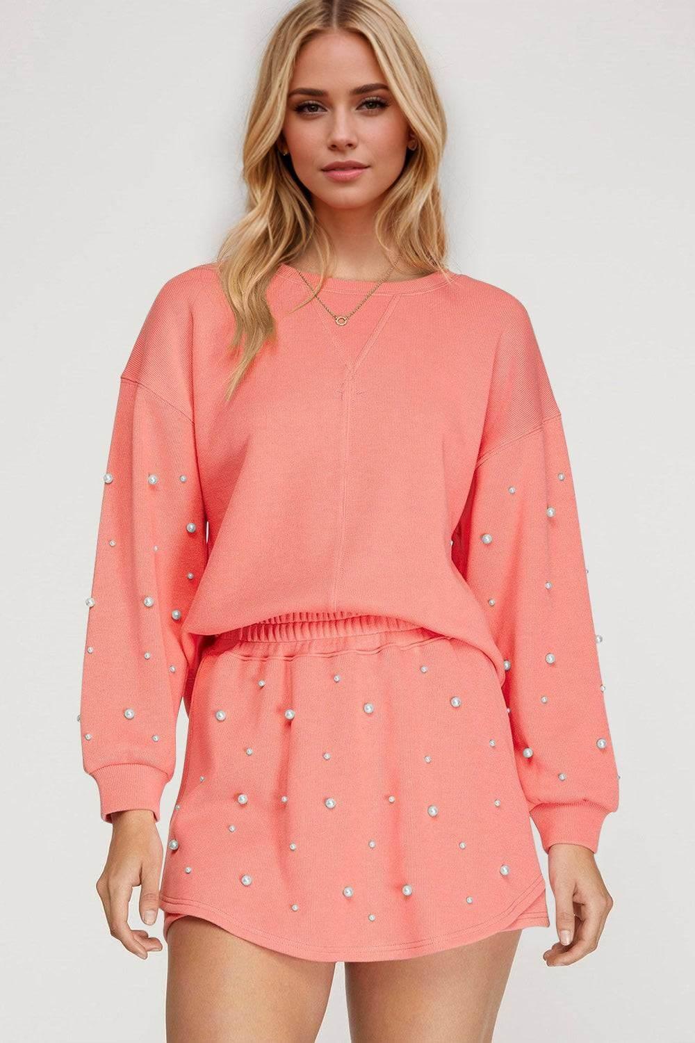 Oh Pearl Trim Round Neck Long Sleeve Top and Skirt Set - Clothes For Her Online Store