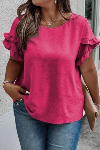 Plus Size Ruffled Round Neck Short Sleeve Blouse - Clothes For Her Online Store