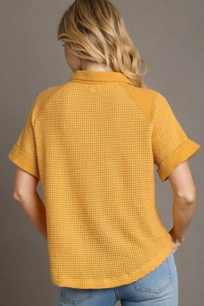 Umgee Full Size Waffle-Knit Short Sleeve Button Down Shirt Plus Size - Clothes For Her Online Store