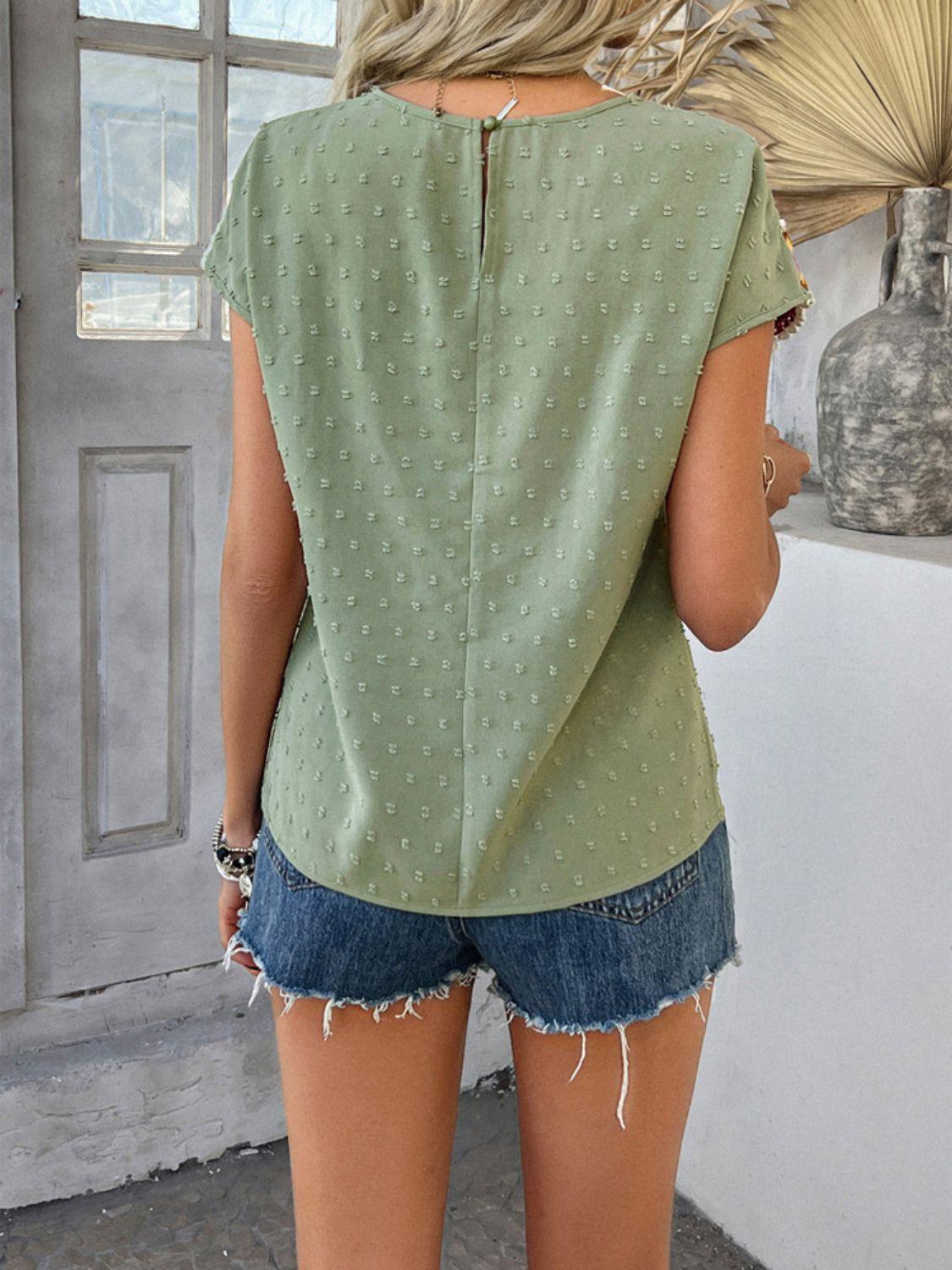 Devine Swiss Dot Round Neck Crochet Short Sleeve Top - Clothes For Her Online Store
