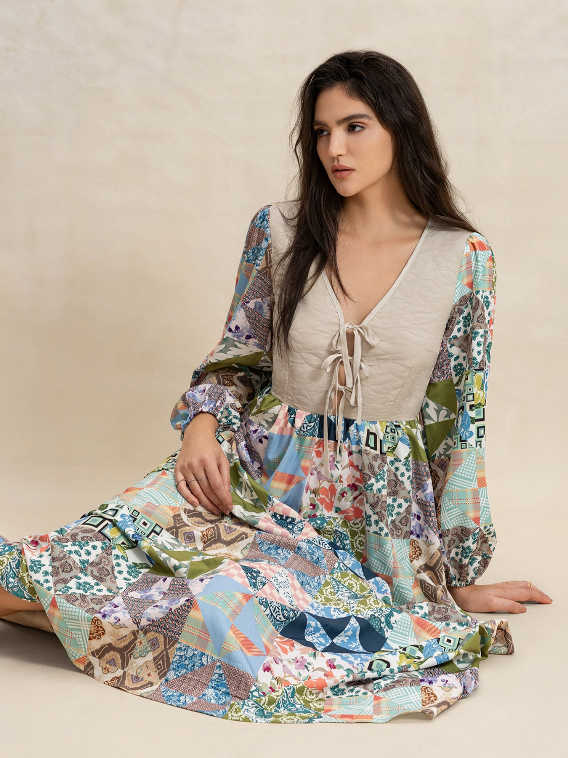 Tied Front Printed Long Sleeve Maxi Dress - Clothes For Her Online Store