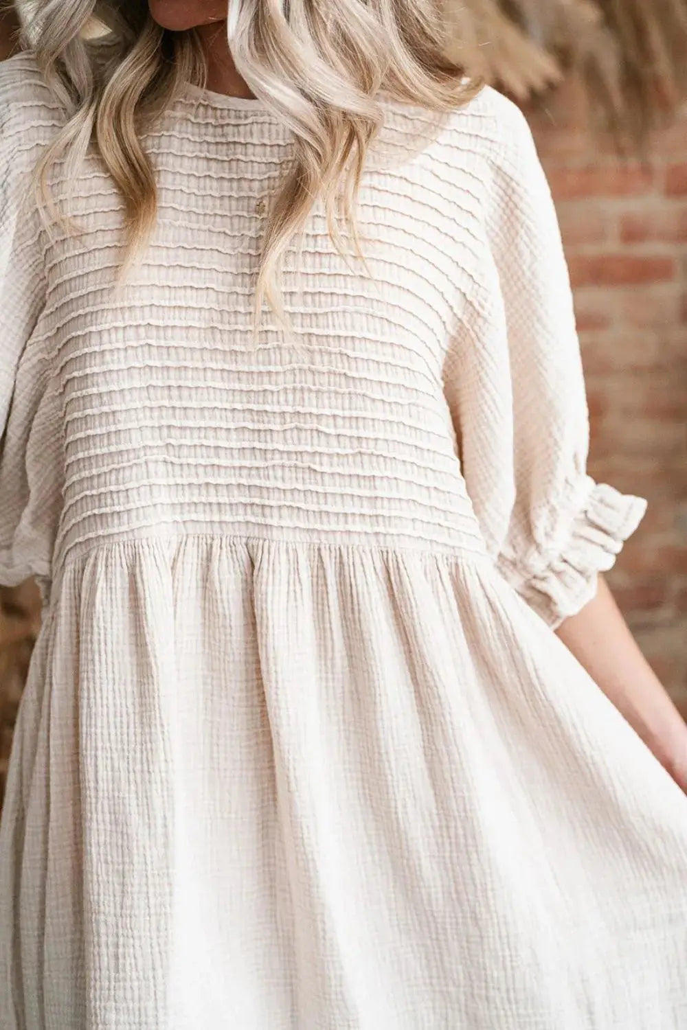 Textured Ruffled Puff Sleeve Loose Dress - Clothes For Her Online Store