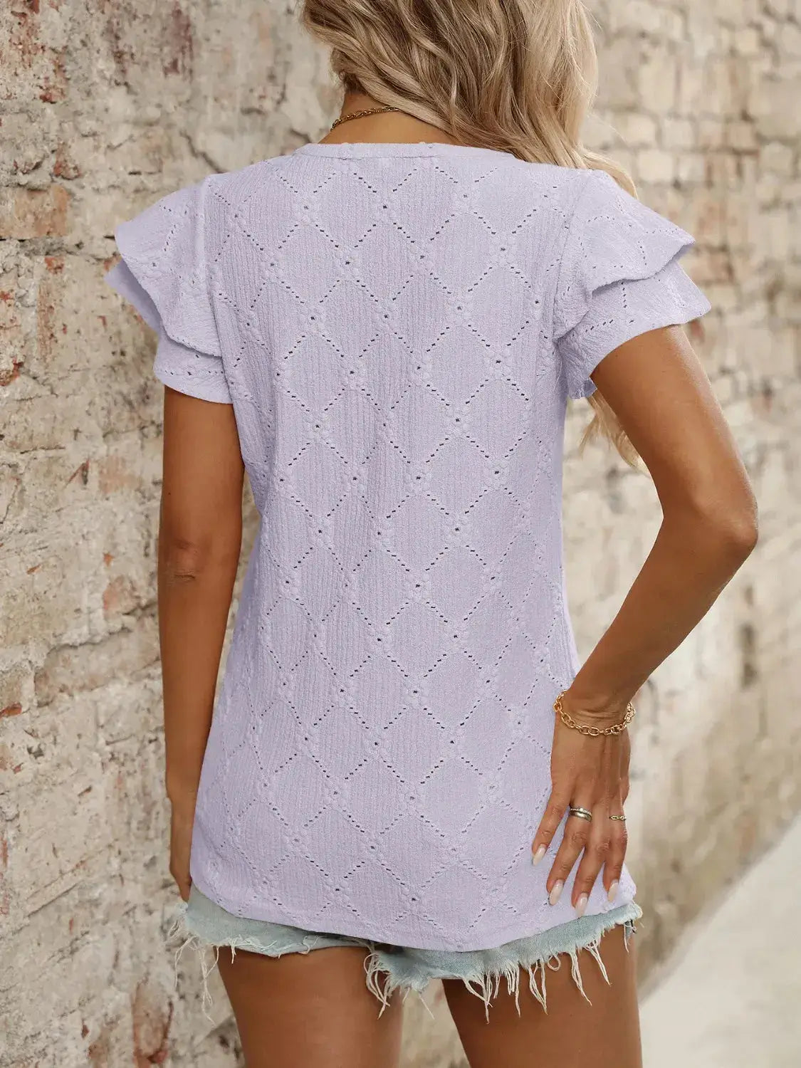 Eyelet V-Neck Ruffled Cap Sleeve Top - Clothes For Her Online Store