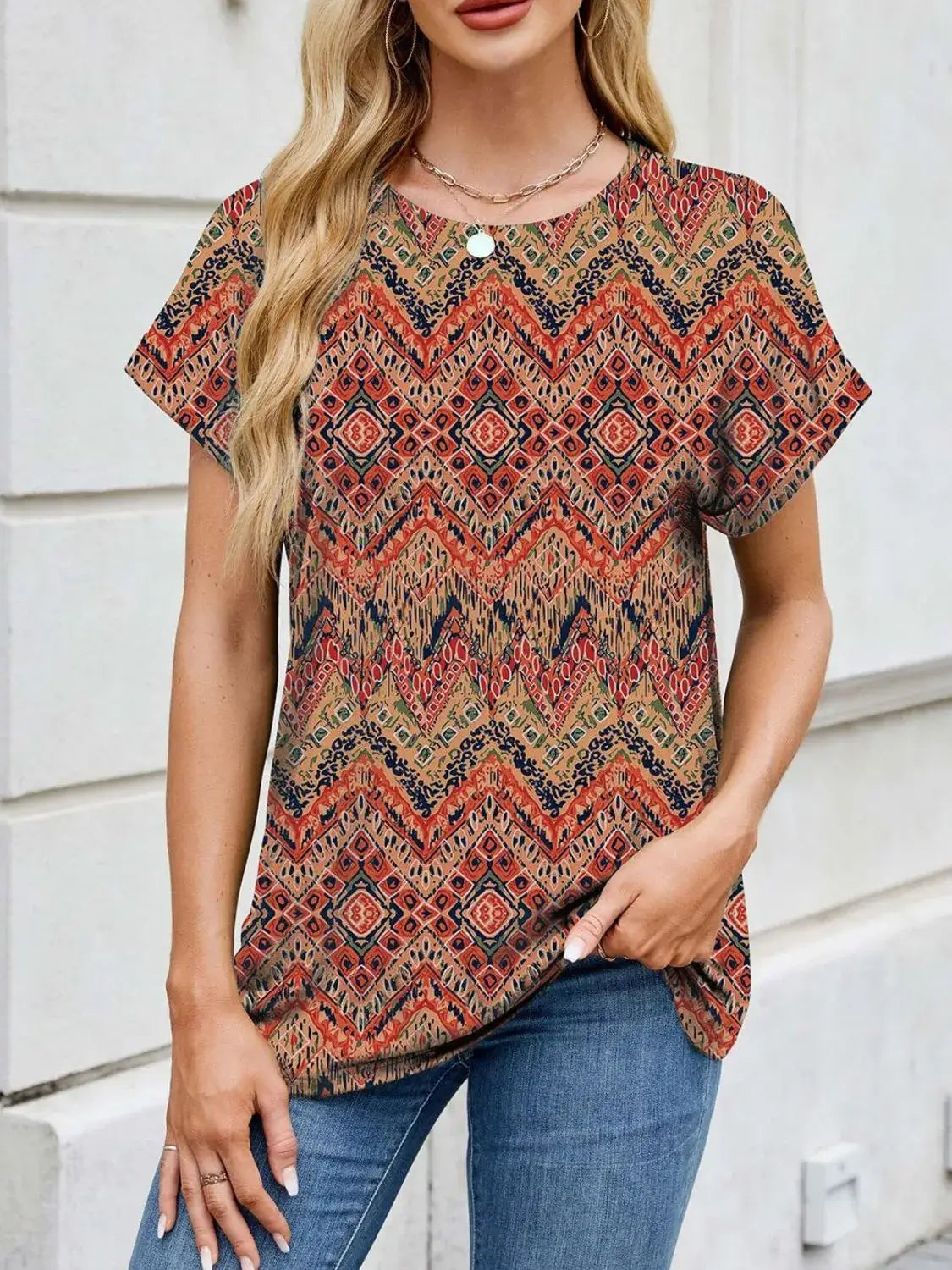 Printed Round Neck Short Sleeve Top - Clothes For Her Online Store