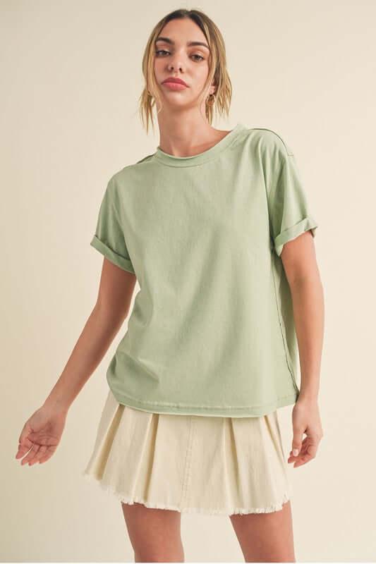 Aemi + Co Exposed Seam Round Neck Short Sleeve T-Shirt - Clothes For Her Online Store