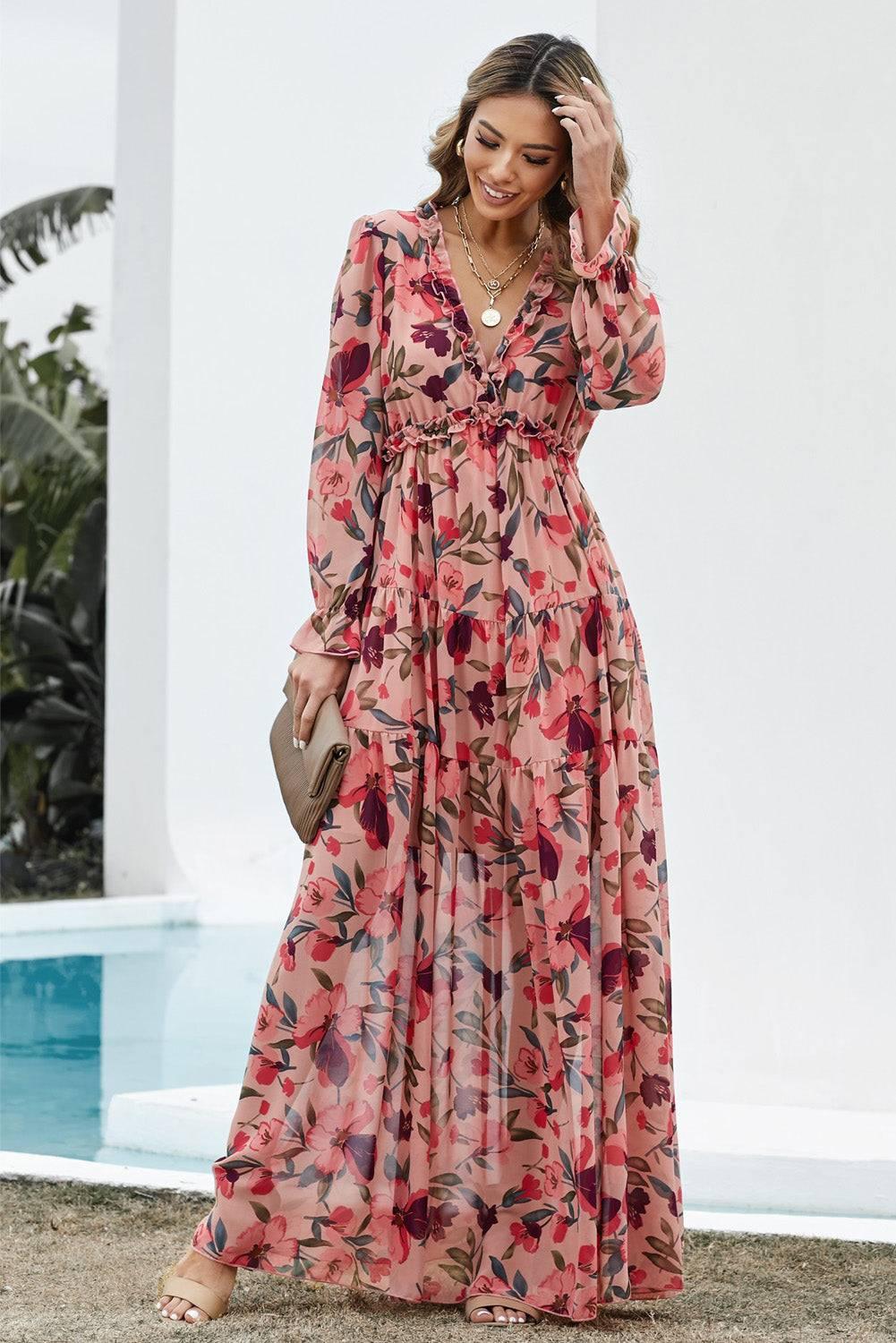 Floral Frill Trim Flounce Sleeve Plunge Maxi Dress - Clothes For Her Online Store