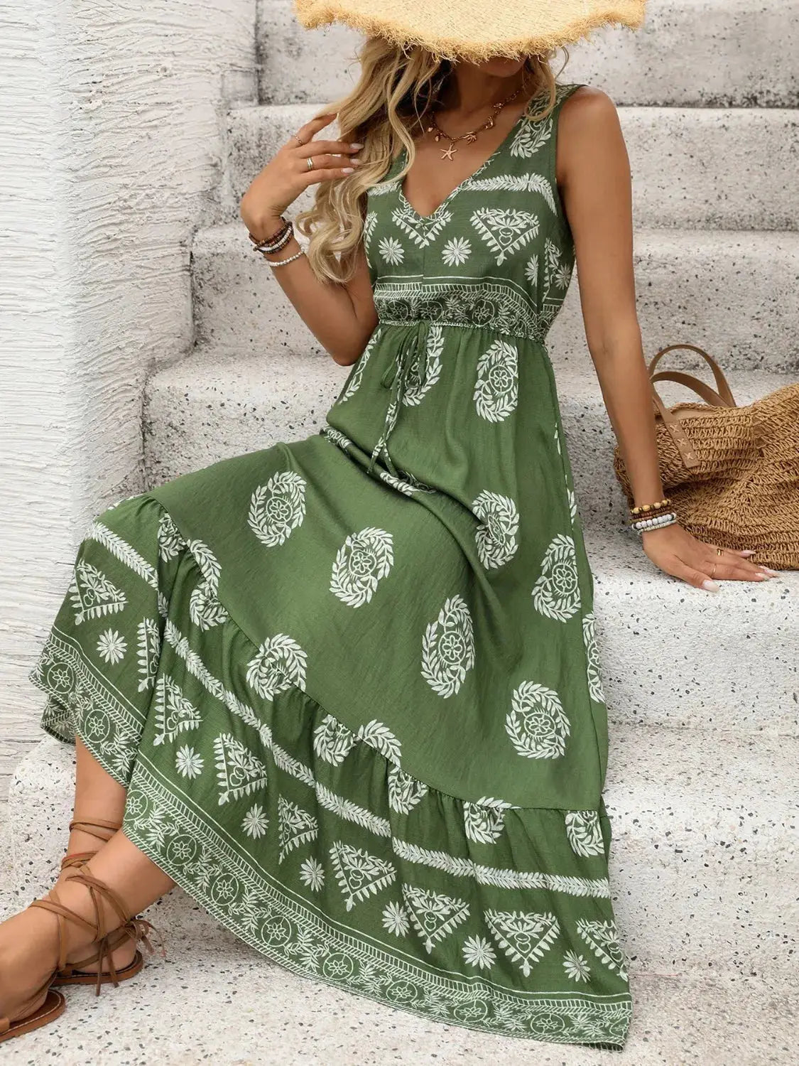 Printed V-Neck Sleeveless Dress - Clothes For Her Online Store