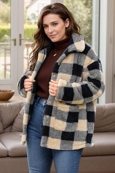 Plus Size Plaid Button Up Long Sleeve Coat - Clothes For Her Online Store