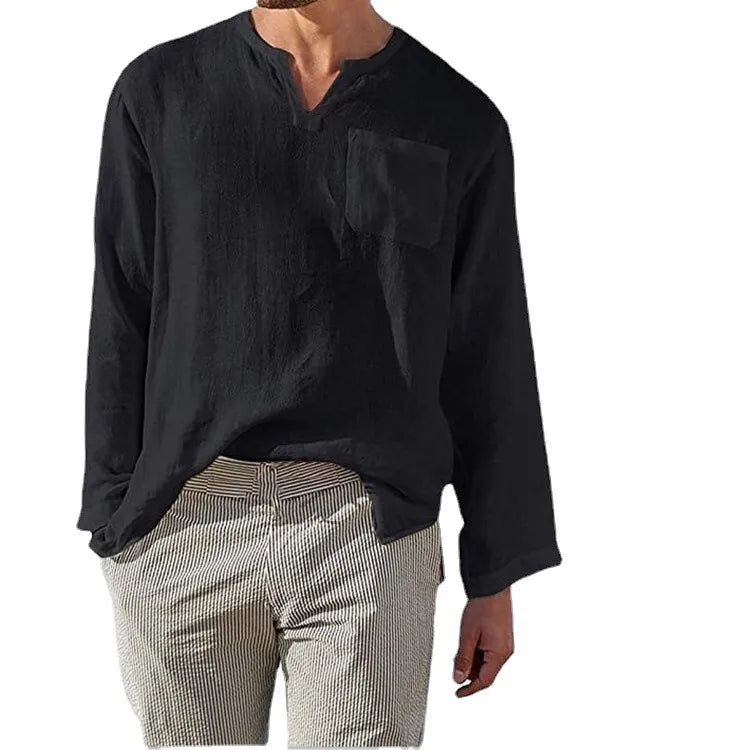Men's Full Size Casual Notched Linen Long Sleeve Top Plus Size