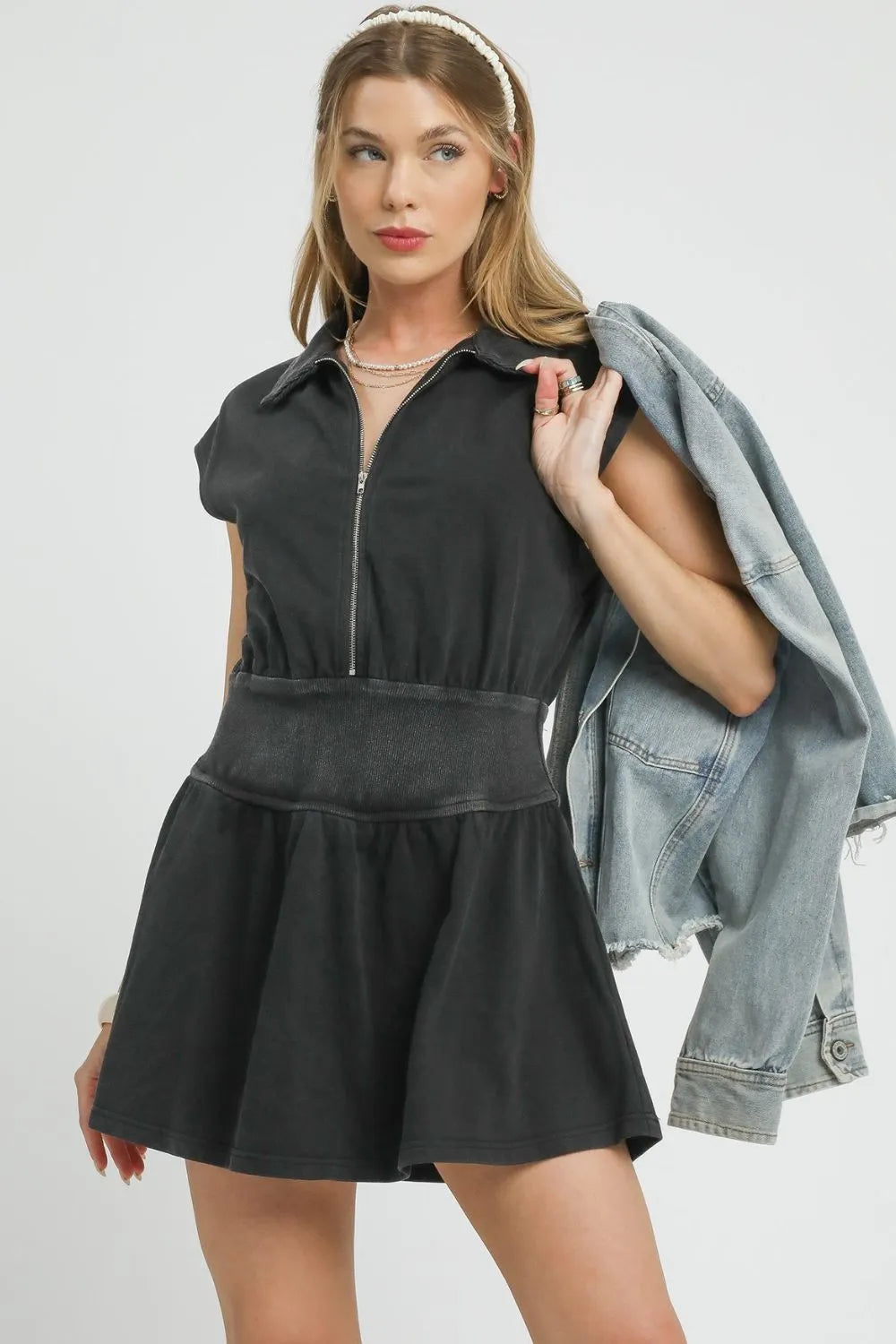 Umgee Zip Front Cap Sleeve Mini Dress