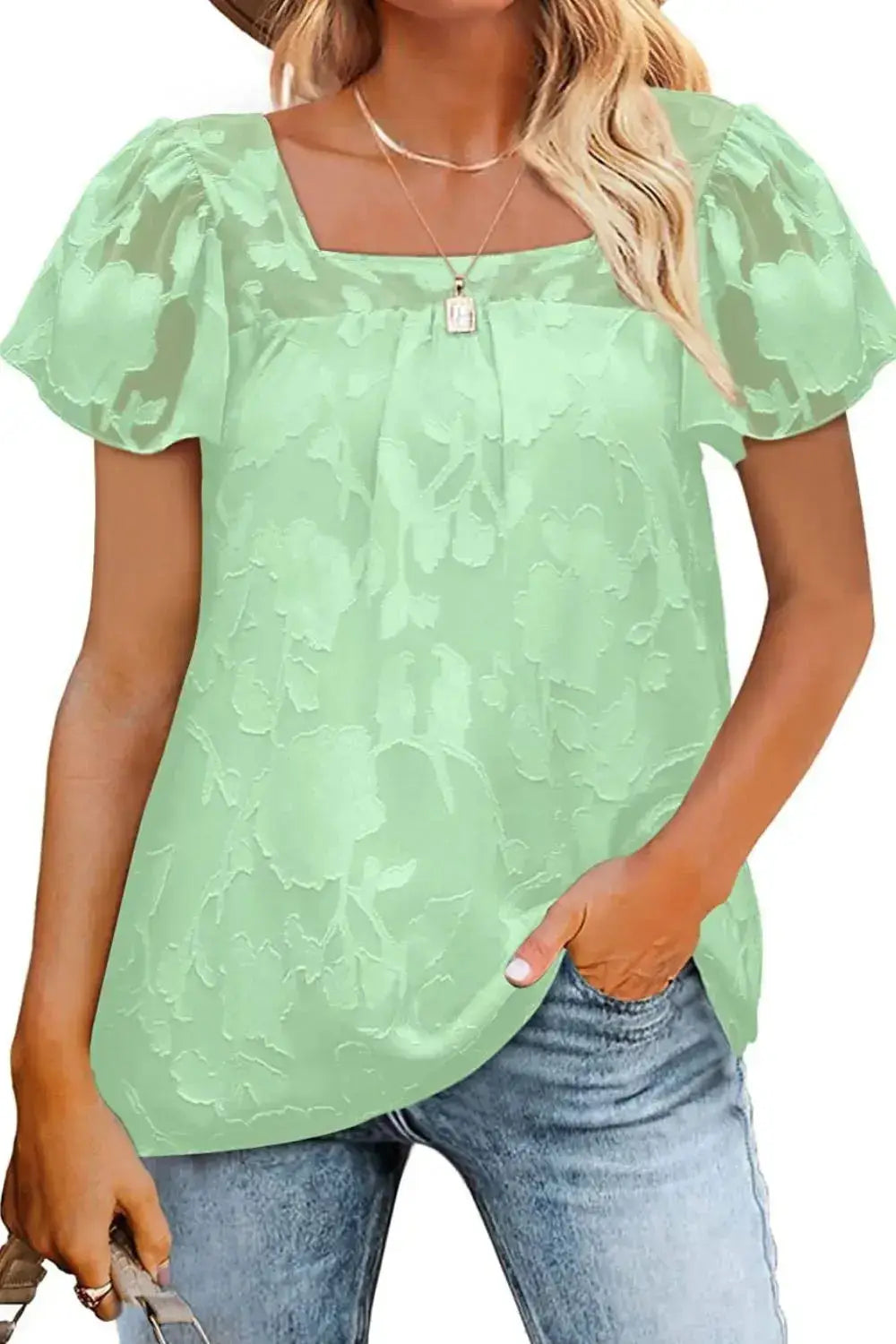 Square Neck Short Sleeve Blouse - Clothes For Her Online Store