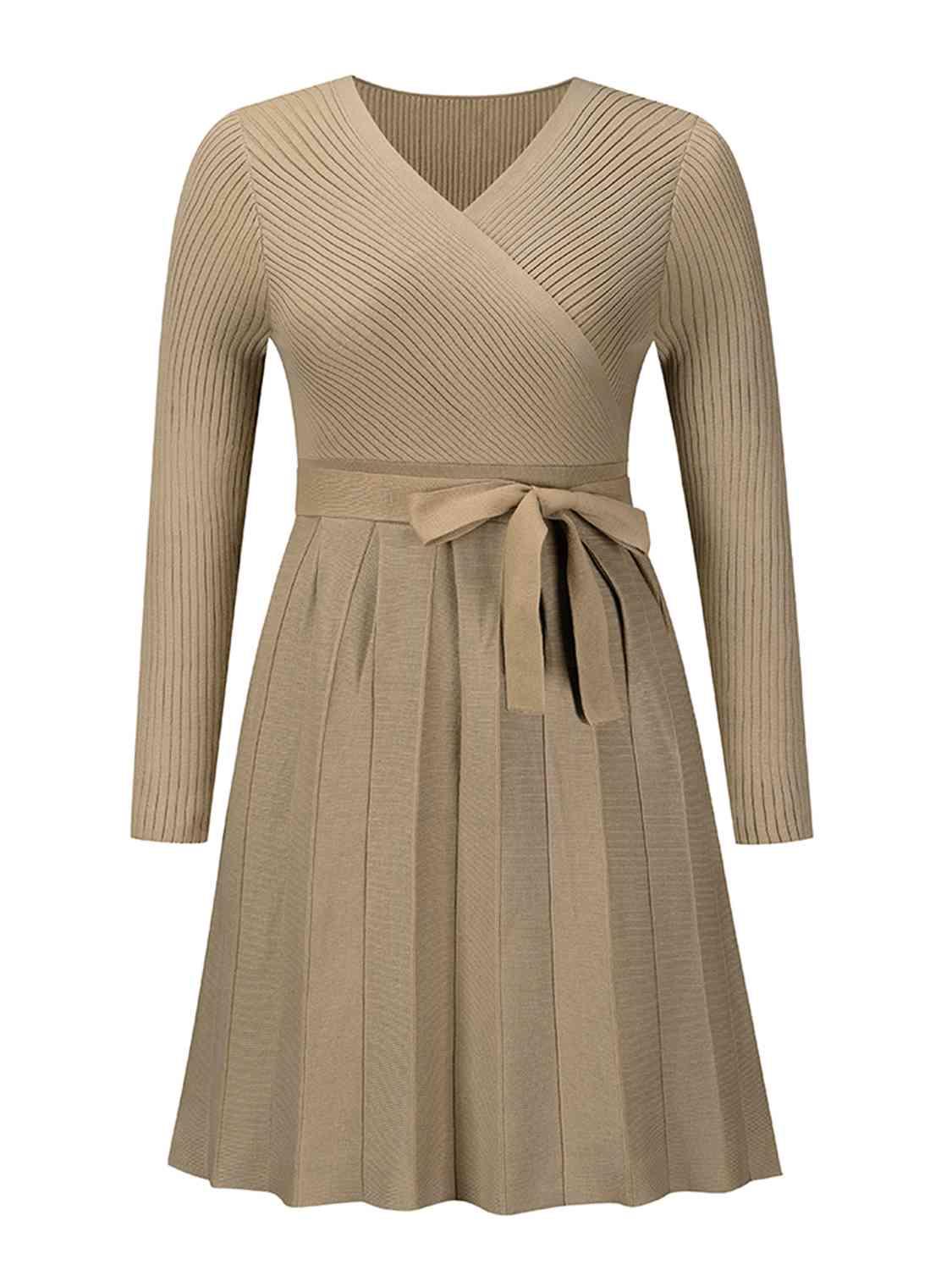Surplice Neck Tie Front Pleated Sweater Dress - Clothes For Her Online Store