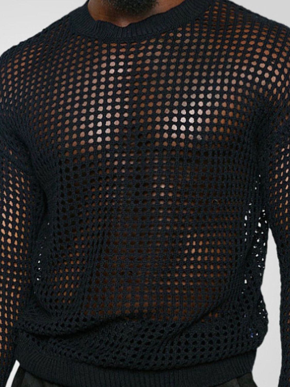 Men's Full Size Hollow Out Round Neck Long Sleeve Top Plus Size - Clothes For Her Online Store
