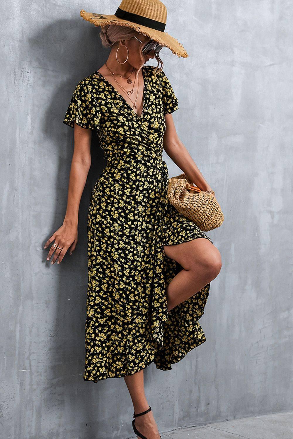 Floral Surplice Neck Tied Midi Dress - Clothes For Her Online Store