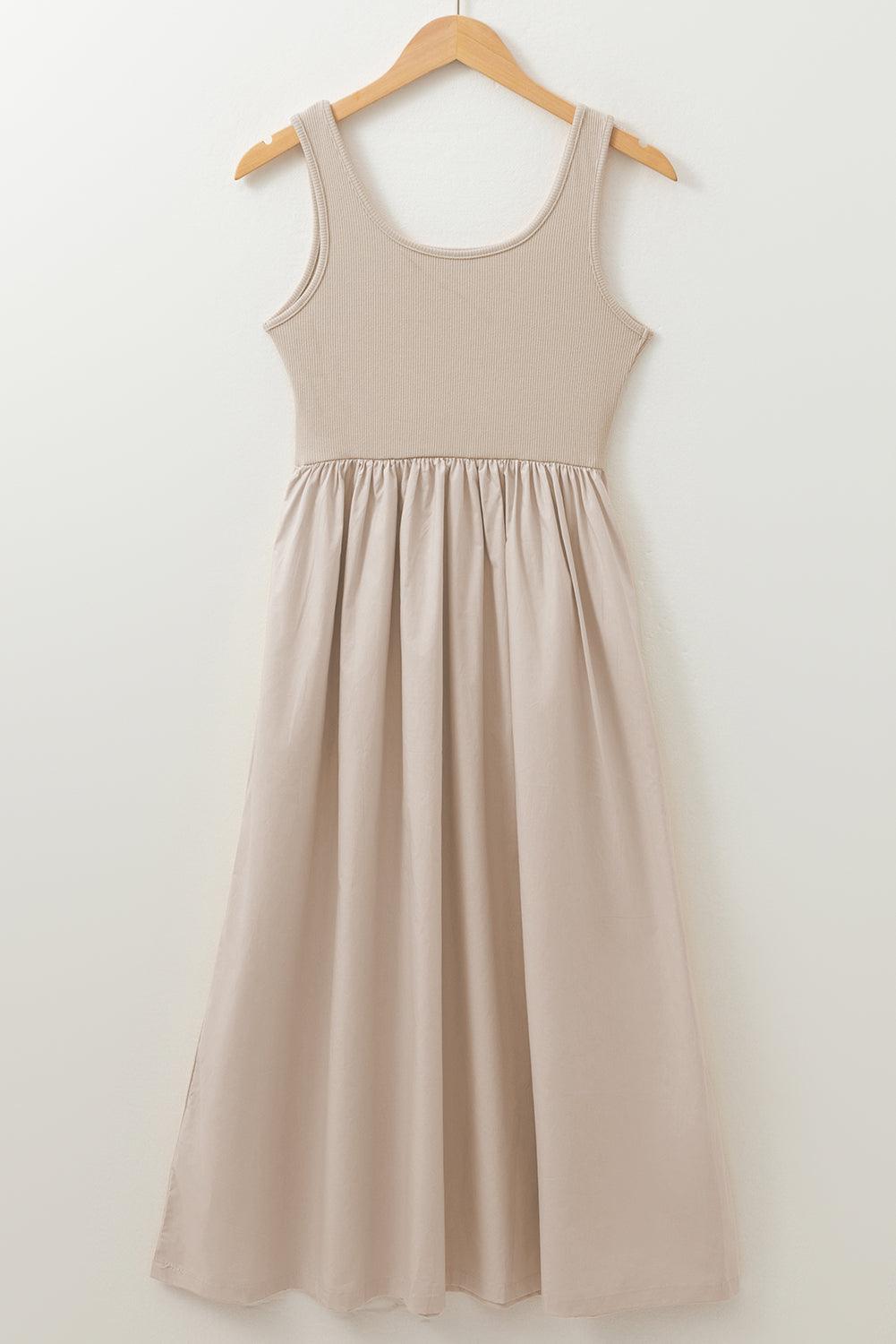 Scoop Neck Ribbed Bodice Sleeveless Midi Tank Dress - Clothes For Her Online Store