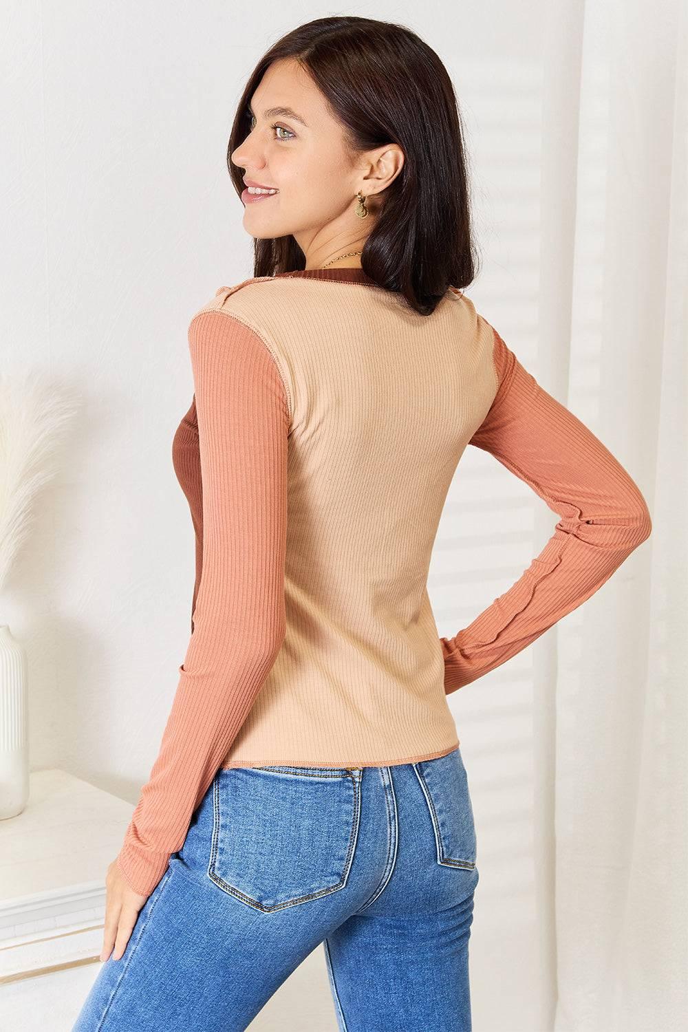 Double Take Color Block Exposed Seam Long Sleeve Top - Clothes For Her Online Store