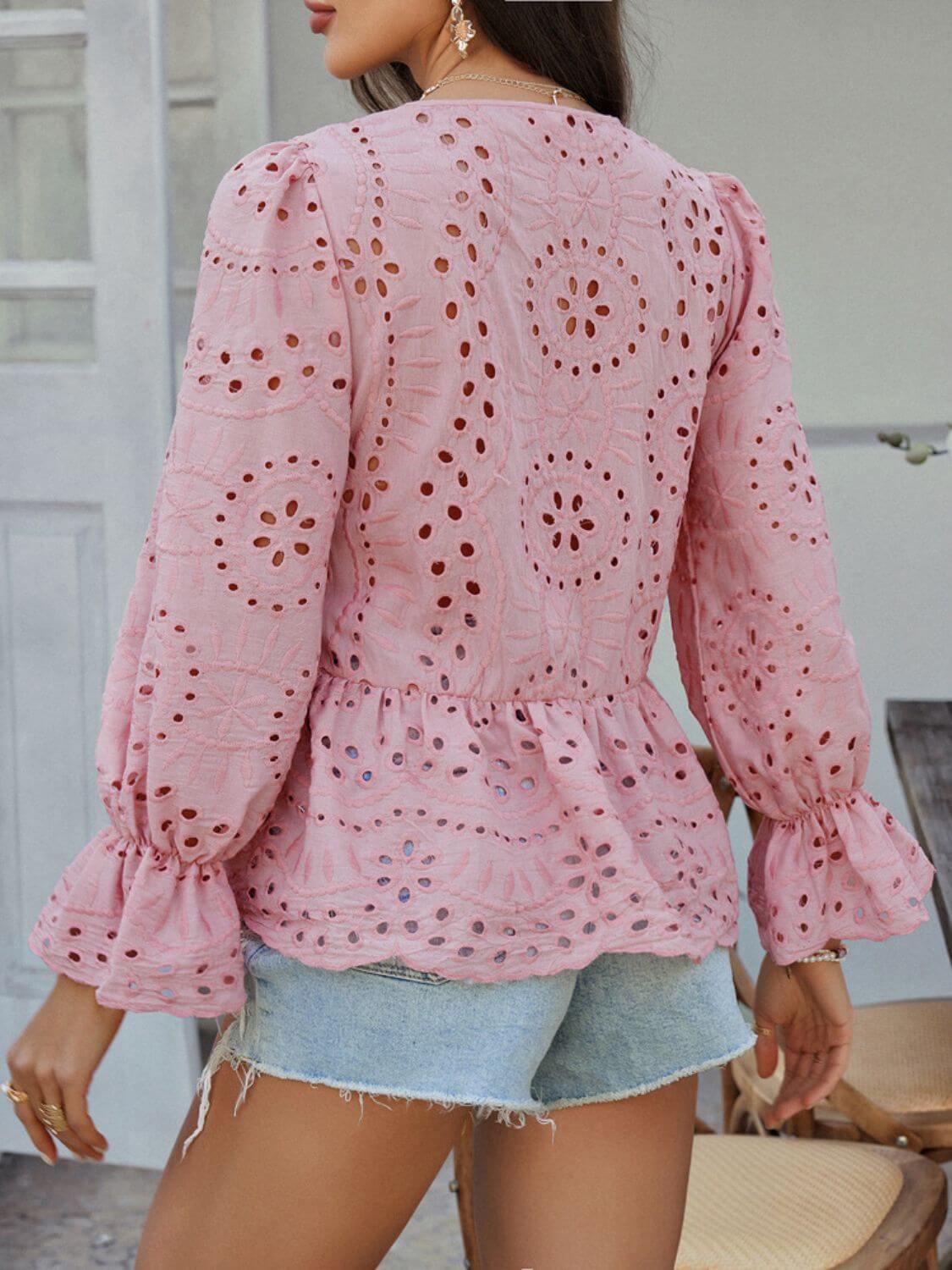 Devine Tie Front Flounce Sleeve Peplum Blouse - Clothes For Her Online Store