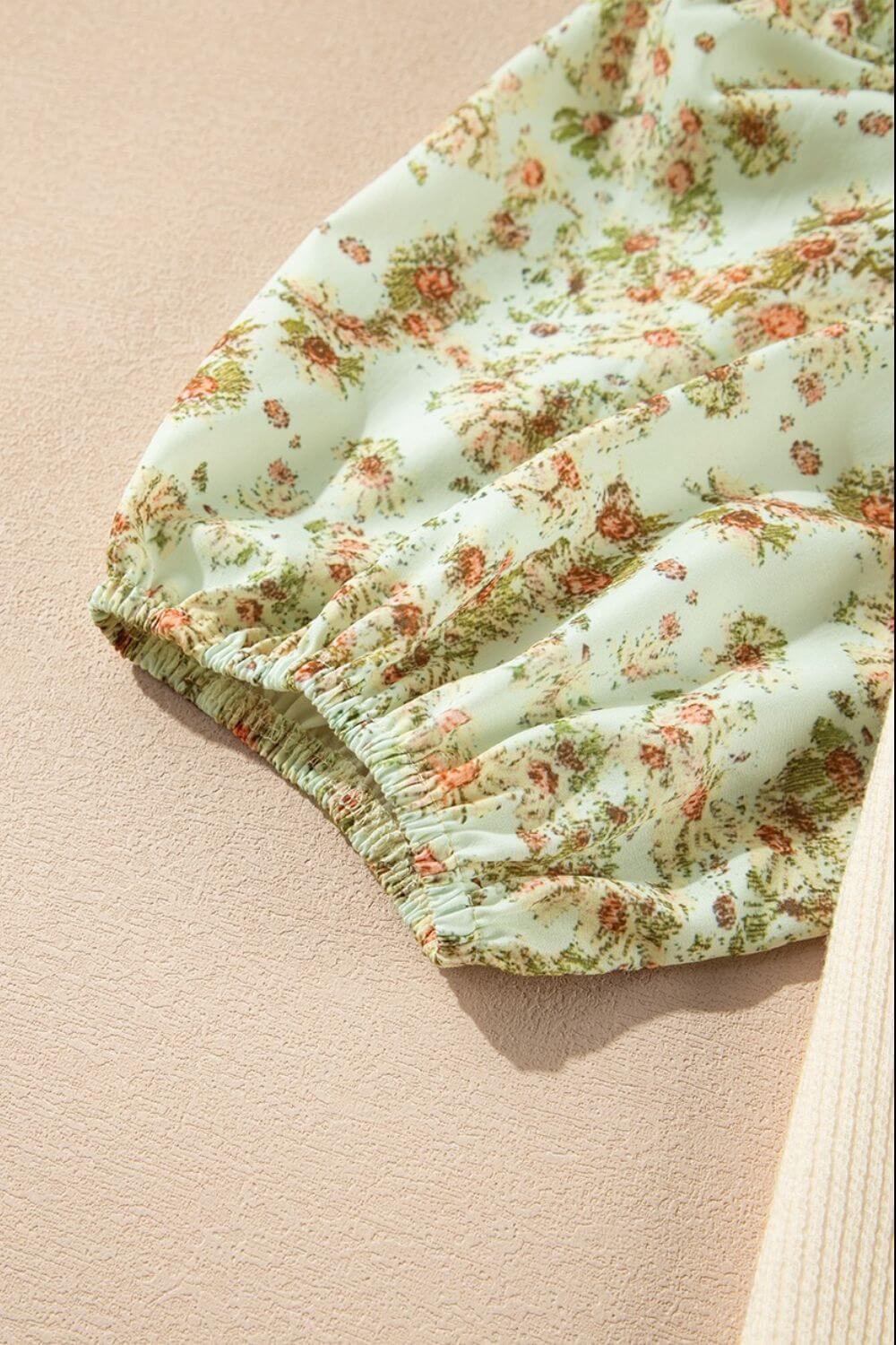 Floral Puff Sleeve Ribbed Blouse - Clothes For Her Online Store