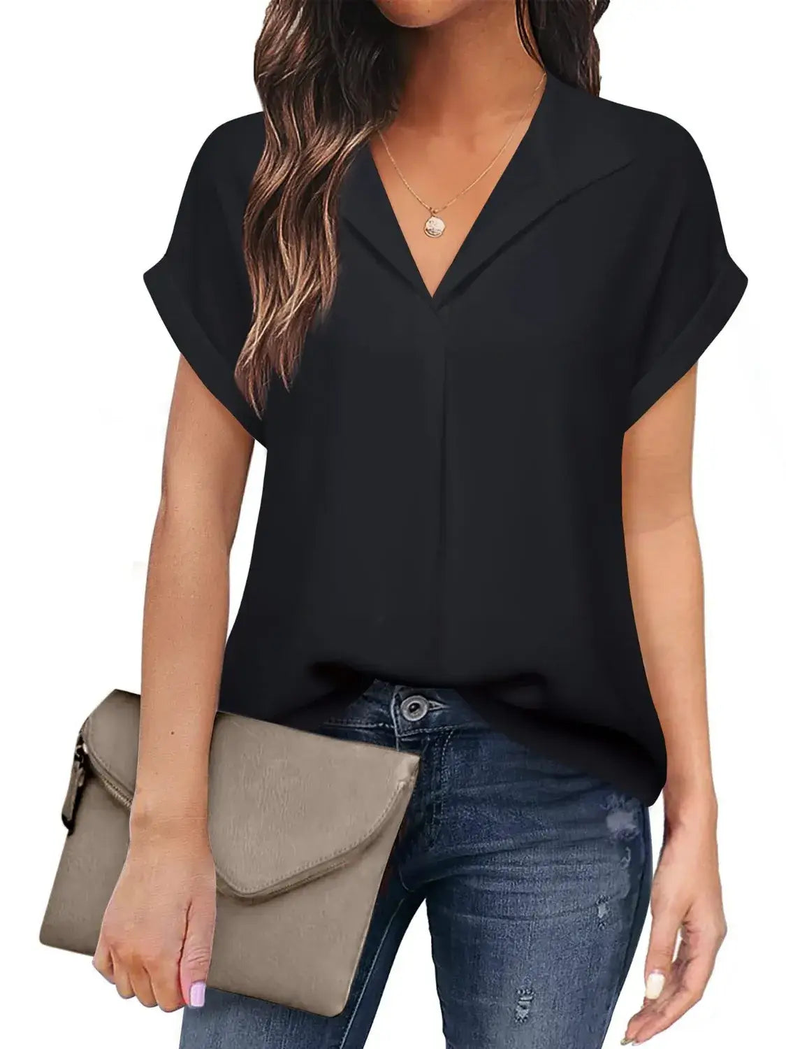 Collared Neck Short Sleeve Blouse