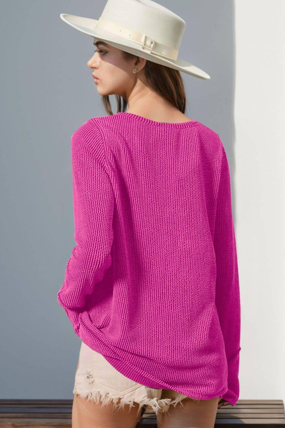 Double Take Full Size Notched Thumbhole Long Sleeve T-Shirt - Clothes For Her Online Store